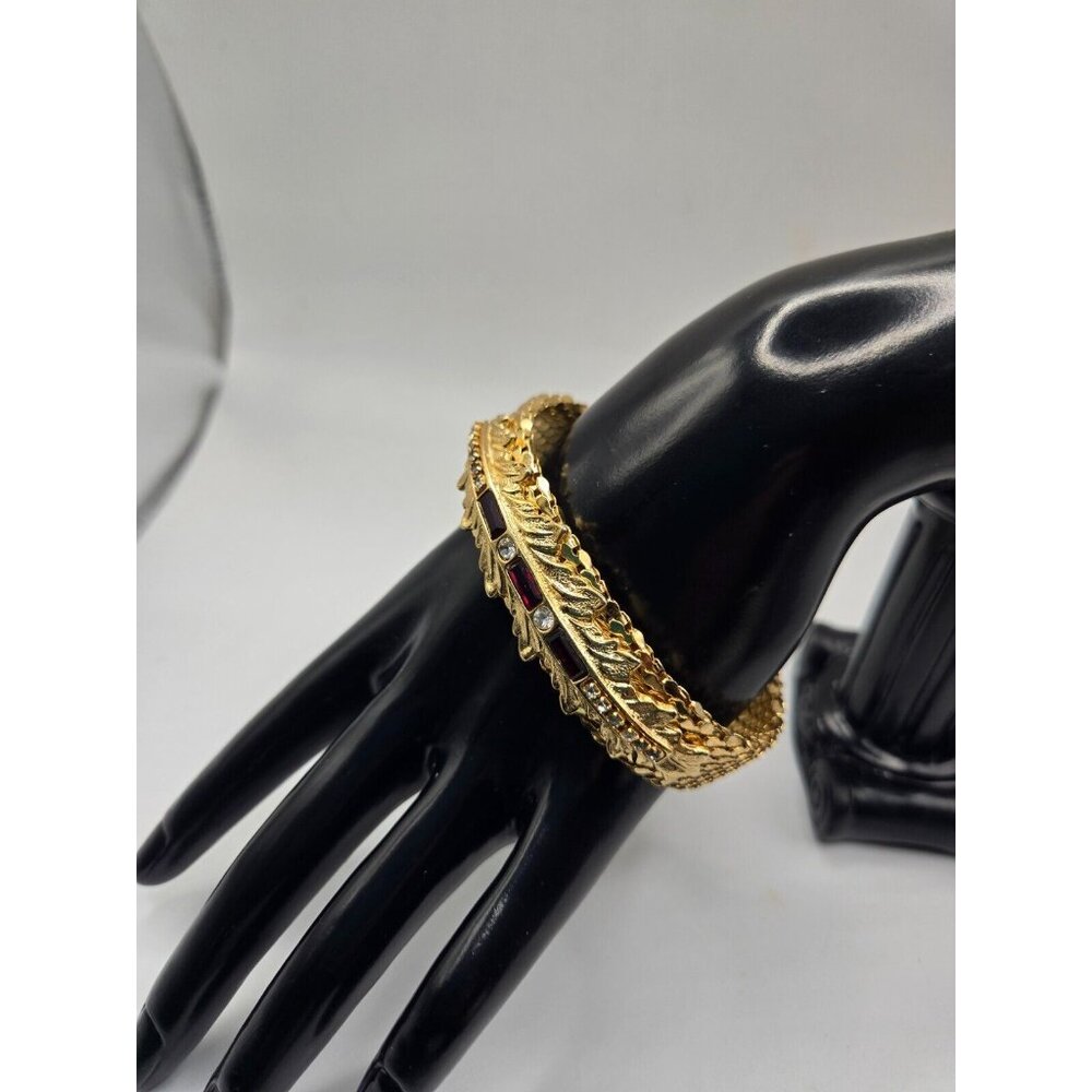 VTG GOLD Plated Cuff Bangle Bracelet Garnet and Rhinestone .75" thick scale - Picture 6 of 8